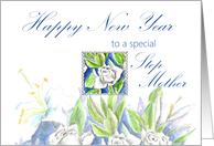 Happy New Year Step Mother White Roses Watercolor card