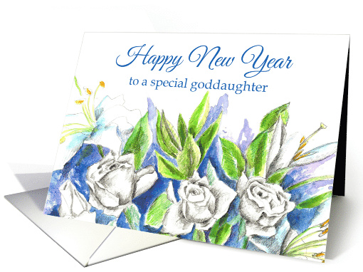 Happy New Year Goddaughter White Roses Watercolor card (868440)
