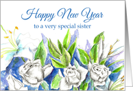 Happy New Year Sister White Roses Watercolor card