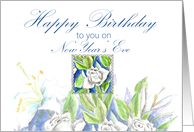Happy New Years Eve Birthday White Roses Watercolor card