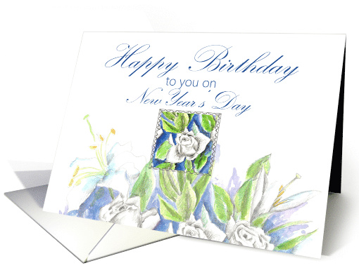 Happy New Years Day Birthday White Roses Watercolor card (868459)