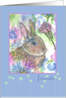 Friends Rabbit Roses Carnations Daisy Flower card