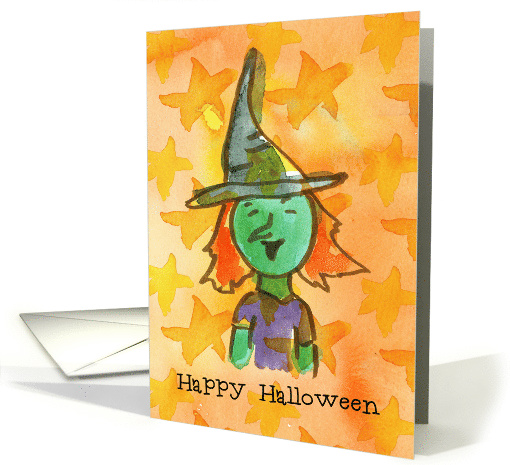 Happy Halloween Green Witch Watercolor Illustration card (88633)