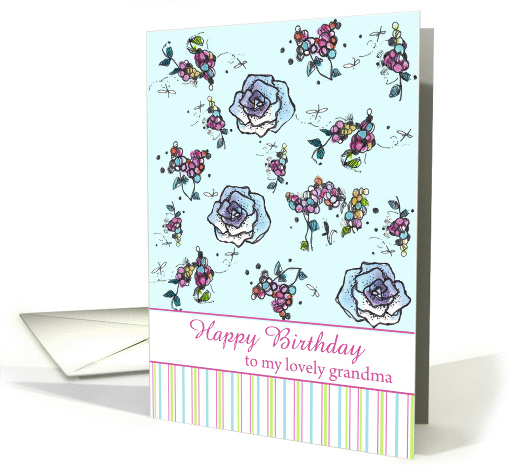 Happy Birthday Grandma Blue Roses Flower Drawing card (887393)