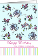 Happy Birthday Roommate Blue Roses Flower Drawing card