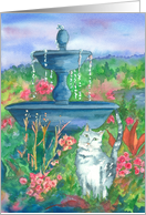 White Cat Flower Garden Fountain Blank card