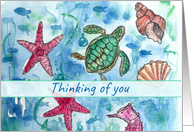 Thinking of You Turtles Fish Sea Horse Watercolor card
