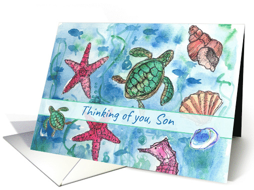 Thinking of You Son Turtles Fish Sea Horse Watercolor card (898308)