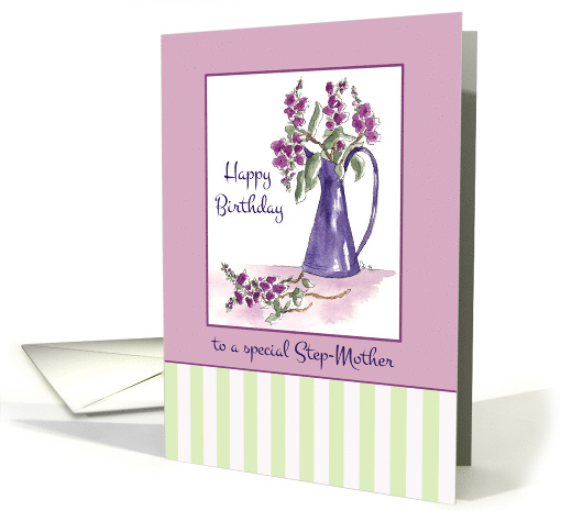 Happy Birthday Step-Mother Flower Bouquet Blue Vintage Pitcher card