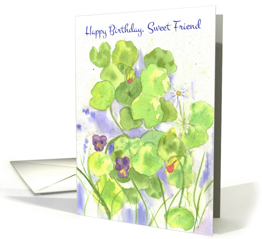 Happy Birthday Sweet Friend Nasturtium Flowers Watercolor Pansy card