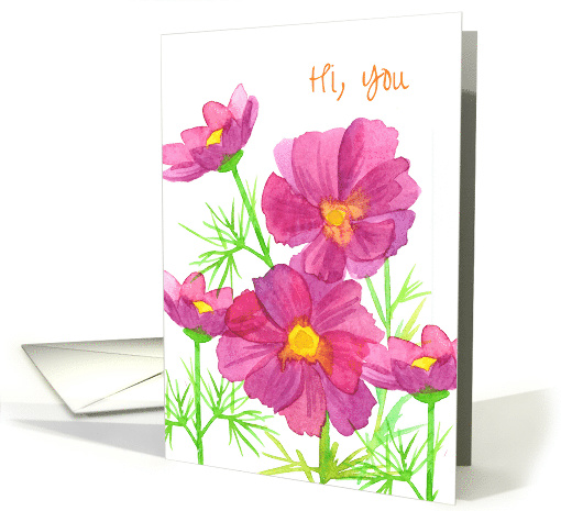 Hi Thinking Of You Pink Cosmos Watercolor Flowers card (904592)