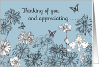 Thinking of You White Garden Flowers Butterfly Drawing card