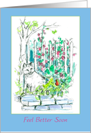 Feel Better Soon Garden Cat White Fence card