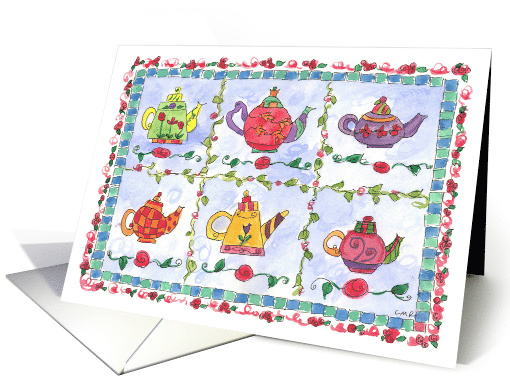Tea Party Invitation Teapots Flowers Quilt card (906633)