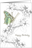 Happy Birthday Moth Flowering Fruit Tree Sketch card