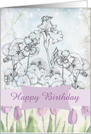 Happy Birthday Lavender Tulip Iris Nasturtium Flower Collage card