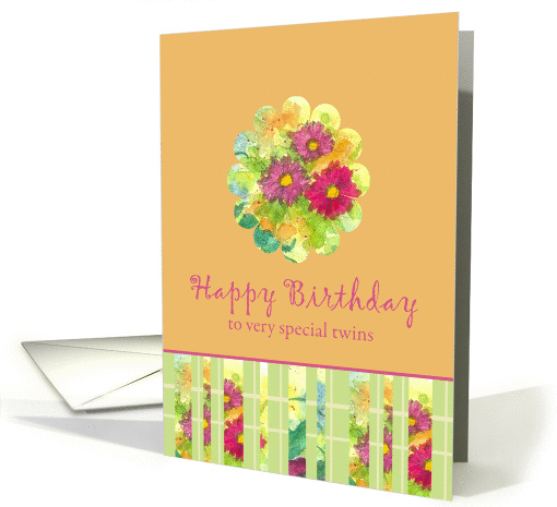 Happy Birthday Special Twins Pink Aster Flower Watercolor card