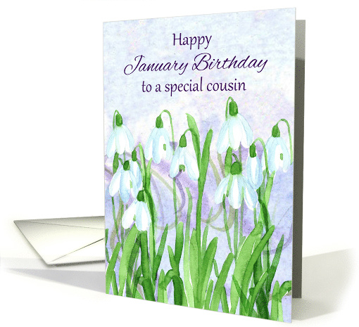 Happy January Birthday Cousin Snowdrops Watercolor Flowers card