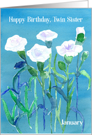Happy Birthday Twin Sister White Carnation Flowers Blue card