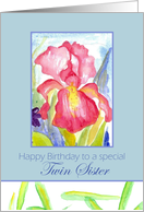 Happy Birthday Twin Sister Pink Iris Flower Watercolor card