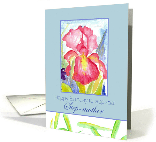 Happy Birthday Step-Mother February Pink Iris Flower Watercolor card