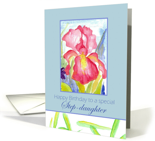 Happy Birthday Step-Daughter February Pink Iris Flower Watercolor card