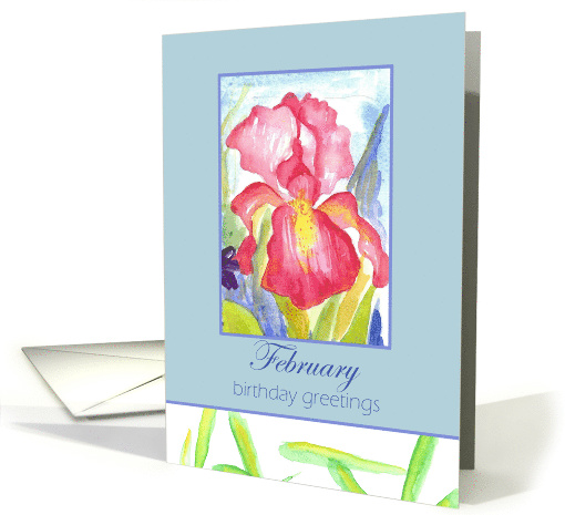 Happy Birthday February Pink Iris Flower Watercolor card (913724)