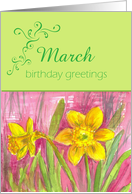 Happy March Birthday Yellow Daffodil Flower Watercolor card