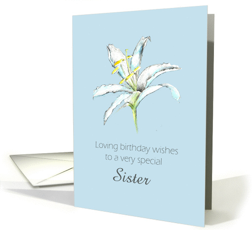 Happy May Birthday Sister White Lily Flower Pencil Drawing card