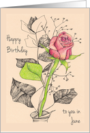 Happy June Birthday Pink Rose Ink Drawing card