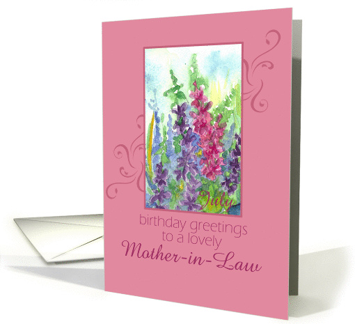 Happy July Birthday Mother-in-Law Larkspur Flower Watercolor card
