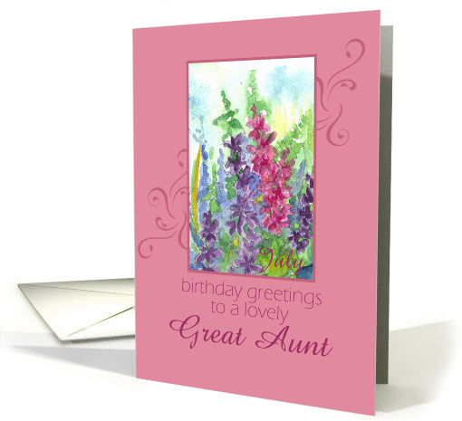 Happy July Birthday Great Aunt Larkspur Flower Watercolor card