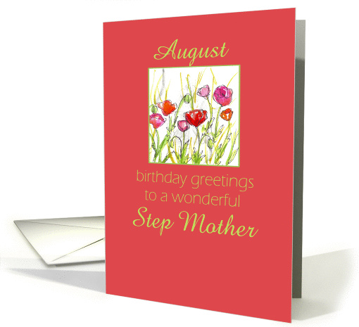 Happy August Birthday Step Mother Red Poppy Flower Watercolor card