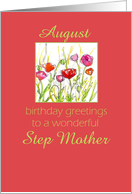 Happy August Birthday Step Mother Red Poppy Flower Watercolor card