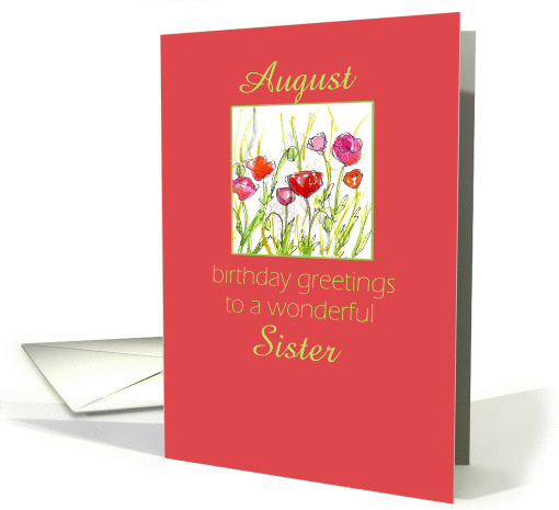 Happy August Birthday Sister Red Poppy Flower Watercolor card (916688)