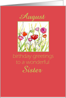 Happy August Birthday Sister Red Poppy Flower Watercolor card