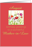 Happy August Birthday Mother-in-Law Red Poppy Flower Watercolor card