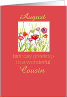 Happy August Birthday Cousin Red Poppy Flower Watercolor card