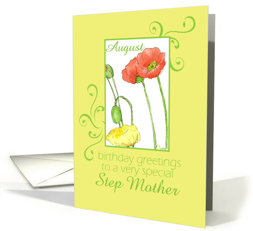 Happy August Birthday Step Mother Orange Poppy Flower Watercolor card