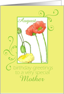 Happy August Birthday Mother Orange Poppy Flower Watercolor card