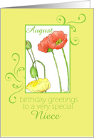 Happy August Birthday Niece Orange Poppy Flower Watercolor card