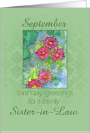 Happy September Birthday Sister-in-Law Pink Aster Flower Watercolor card