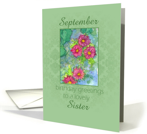Happy September Birthday Sister Pink Aster Flower Watercolor card