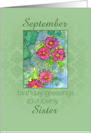 Happy September Birthday Sister Pink Aster Flower Watercolor card