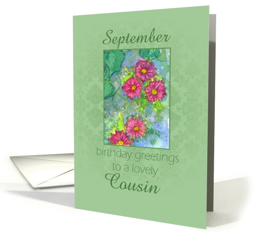 Happy September Birthday Cousin Pink Aster Flower Watercolor card
