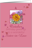 Happy October Birthday Sister-in-Law Marigold Flower Watercolor card
