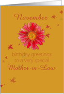 Happy November Birthday Mother-in-Law Red Chrysanthemum Flower Art card