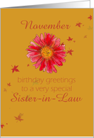 Happy November Birthday Sister-in-Law Red Chrysanthemum Flower Art card