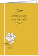 Happy June Birthday Fiance White Rose Flower Drawing card