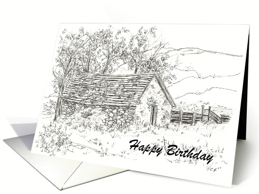 Black and White Rock House Happy Birthday Pen and Ink Art card (92872)